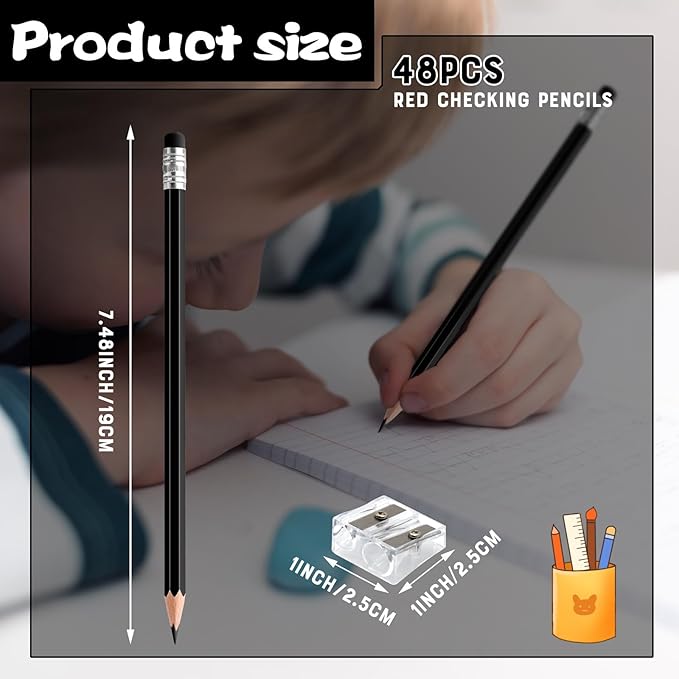 48 PCS Black Checking Pencils Erasable Colored Pencils with Eraser Pre-Sharpened 2 HB for Checking, Grading, Tests & Office/School Supplies (Black)