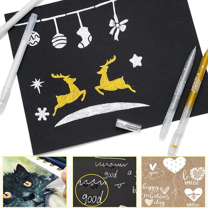 YUANCHENG Gold Silver White Gel Pens, 4 Pack,0.8 mm Extra Fine Point Gel Ink Pens.Suitable for Black Paper Drawing,Card Making,Artists Drawing. Sketching,White Gel Pen for Art Highlight