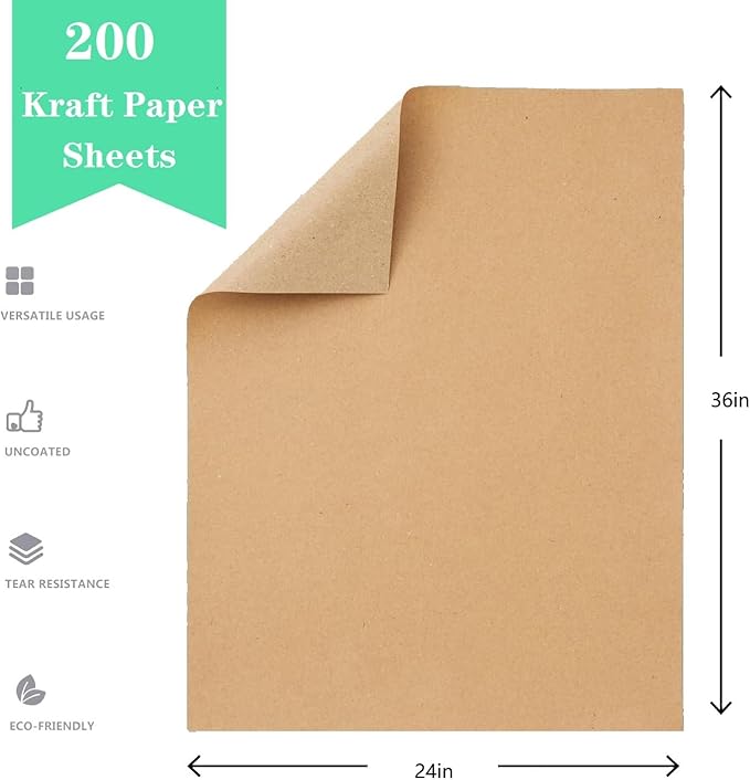 24”x 36”Kraft Paper Sheets Bulk Brown Paper Large Craft Paper for Arts, Drawing, DIY Projects, Brown Wrapping for Gift Shipping Packaging 200 Sheets