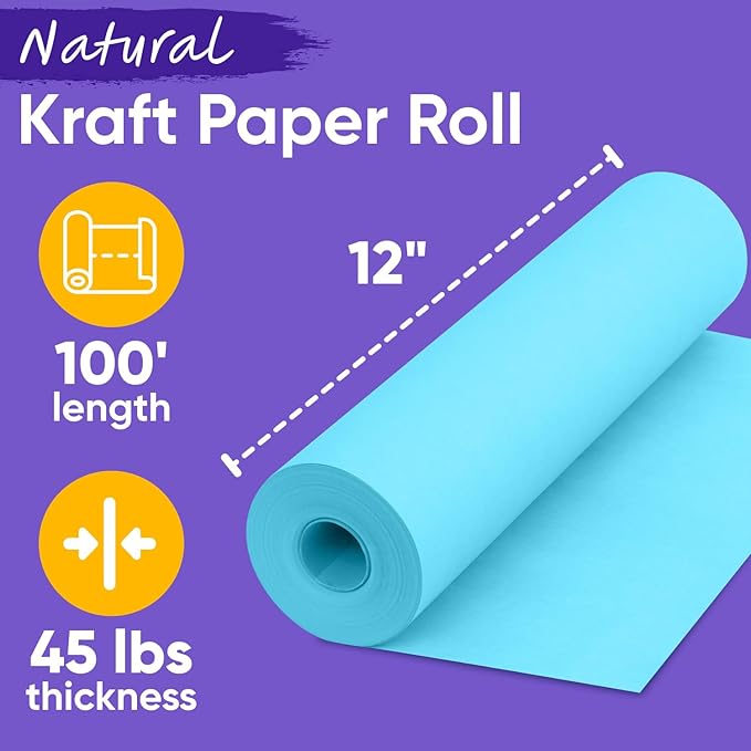 USA Made 12" x 1200" Light Blue Paper Roll, 45 lbs Thickness, American Quality Colored Kraft Paper for School, Bulletin Board Arts & Crafts - Non-Toxic, Odorless, Safe