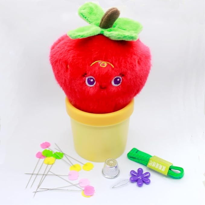 Strawberry Pin Cushion Sewing Tool Set with Magnetic Storage, Including 50 Cute Flowers Needles, Threader, Thimble ＆Tape Measure, Pin Holder for Sewing DesksApplique & Patchwork Crafter.