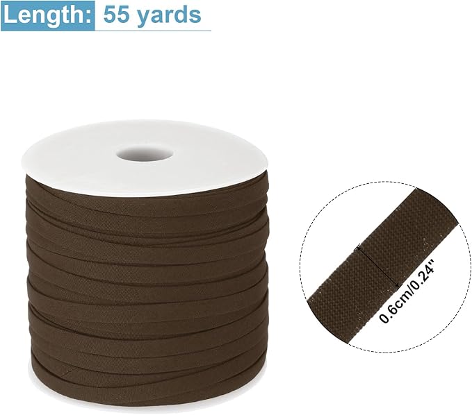 MECCANIXITY 1/4 Inch Double Fold Bias Tape Polyester Continuous Bulk Bias Tape for Sewing,Seaming Quilting Hemming Binding Crafts (Dark Brown 55 Yards)