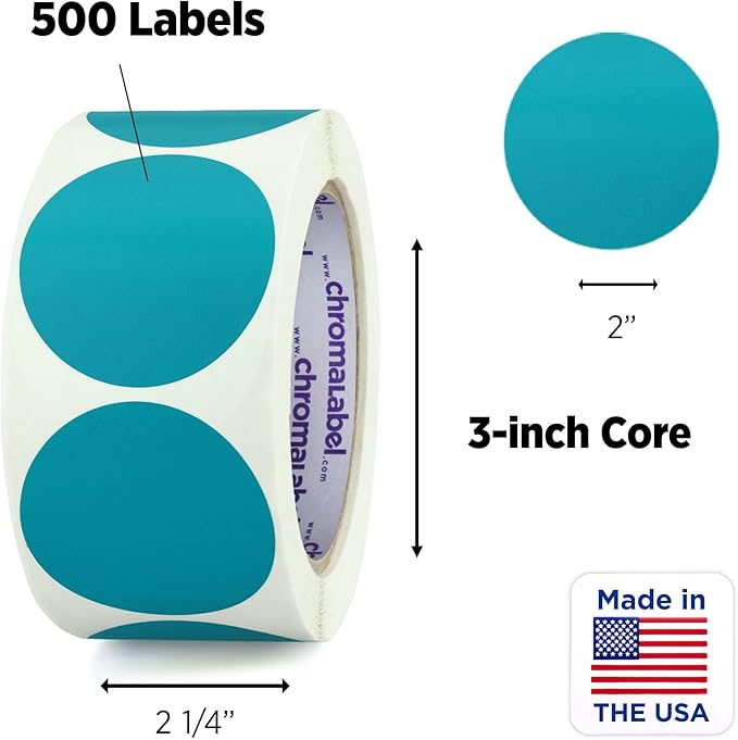 ChromaLabel 2 Inch Round Label Permanent Color Code Dot Stickers, 500 Labels per Roll, Teal
