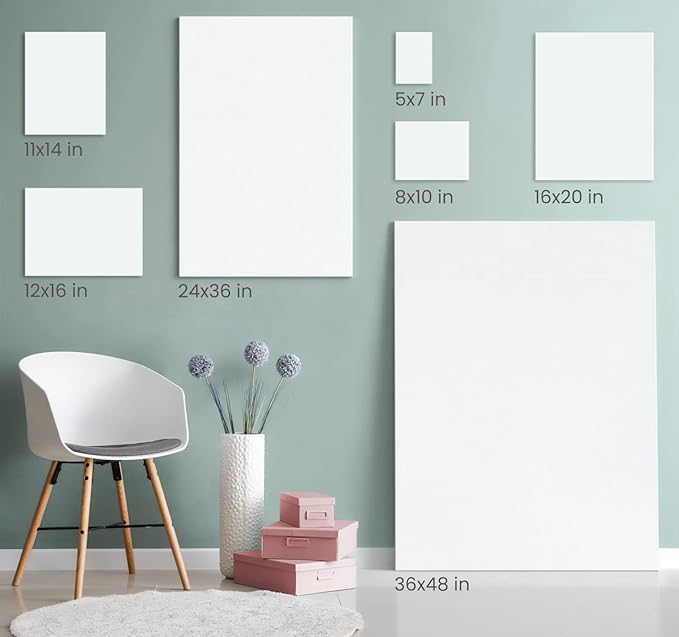 ARTEZA Stretched Canvas, 5 x 7, 8 x 10, 11 x 14, 12 x 16, 16 x 20 Inches, Multipack of 10, Blank White Canvas for Acrylic, Oil and Gouache Painting