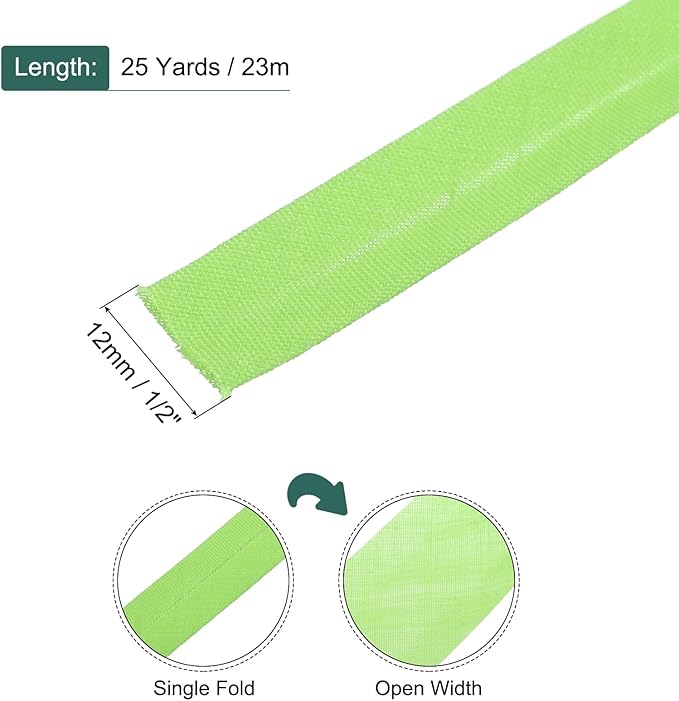 MECCANIXITY 1/2 Inch Single Fold Bias Tape Polyester Continuous Bulk Bias Tape for Sewing,Seaming Quilting Hemming Binding Crafts (Fruit Green 25 Yards)