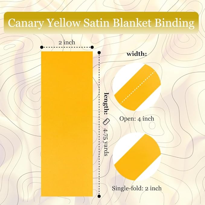 Canary Yellow Satin Blanket Binding 2 Inch x 4 3/4 Yards Single Fold Tape for Quilt Edging Yellow Smooth Finish Easy to Sew On Durable Trim Material Ideal for Blanket Crafts DIY Projects Sewing