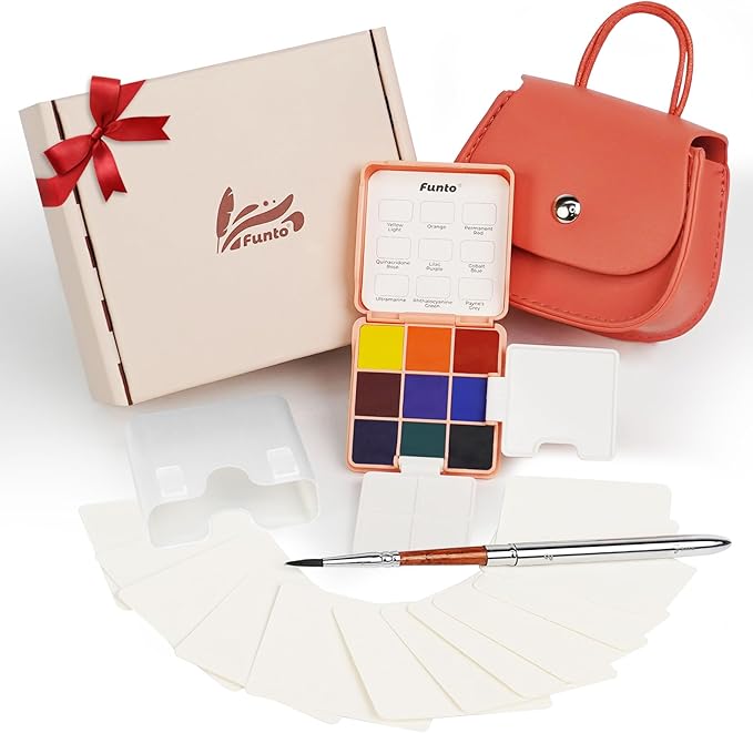 Funto Mini Watercolor Set Travel Kit with 9 Colors, Leather Bag & Watercolor Paper, Portable Drawing & Painting Supplies for Beginners, Art Gift Set