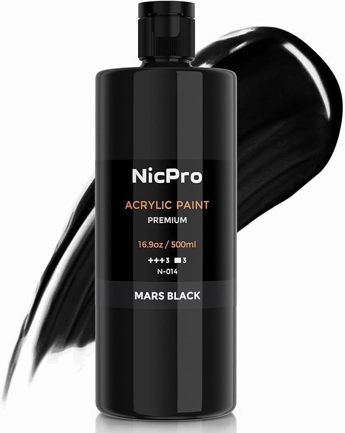 Nicpro Black Large Acrylic Paint (16.9 oz, 500 ml), Rich Pigments, Non Toxic Craft Paint for Multi Surface, Canvas, Wood, Leather, Ceramic, Fabric, Stone - Art Painting Supplies for Beginners, Artists & Adults