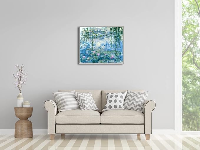 Wieco Art Framed Wall Art Water Lilies by Claude Monet Canvas Print Paintings Reproduction Modern Canvas Wall Art for Home and Office Decoration Abstract Artwork Silver Frame