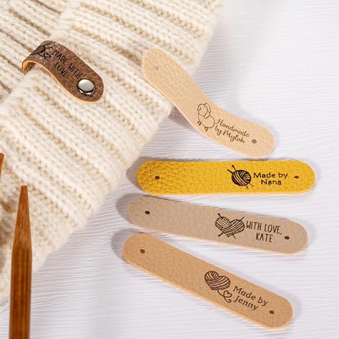 Callie Personalized Leather Tags for Crochet Items, 2.5 x 0.5 inches Custom Labels for Crochet and Knits Projects with Rivets, Suitable for Hats Beanies Scarves & More