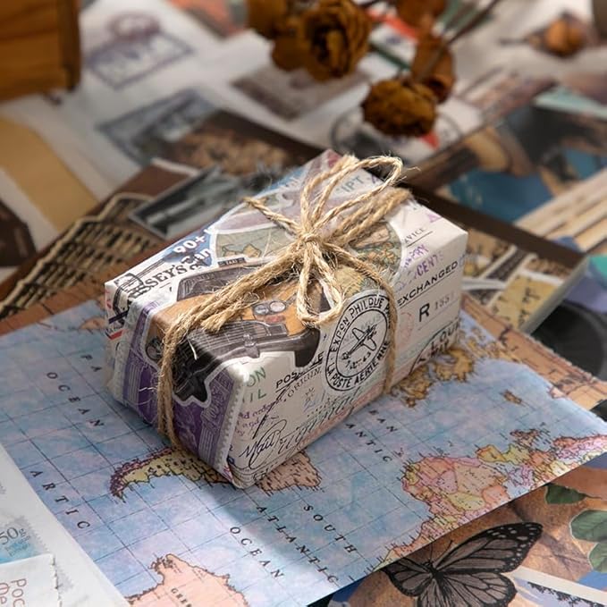 Vintage Aesthetic Washi Stickers and Papers for Scrapbooking, 50 Sheets Ephemera Book for Art Journaling with Retro Global Travel Theme Stickers and Decoupage Papers for Junk Journal