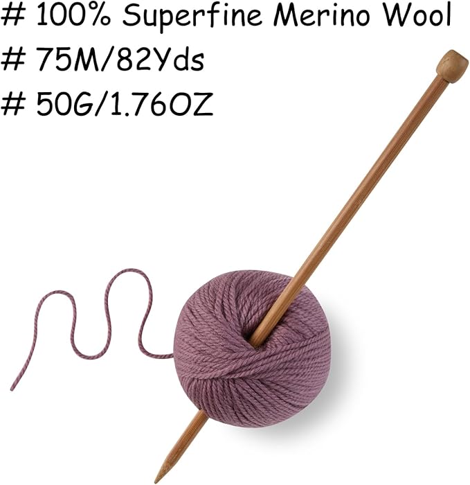 100% Merino Wool Yarn 3-Ply Luxurious and Soft Yarn for Hand Knitting & Crocheting (Grape Purple,1Ball)