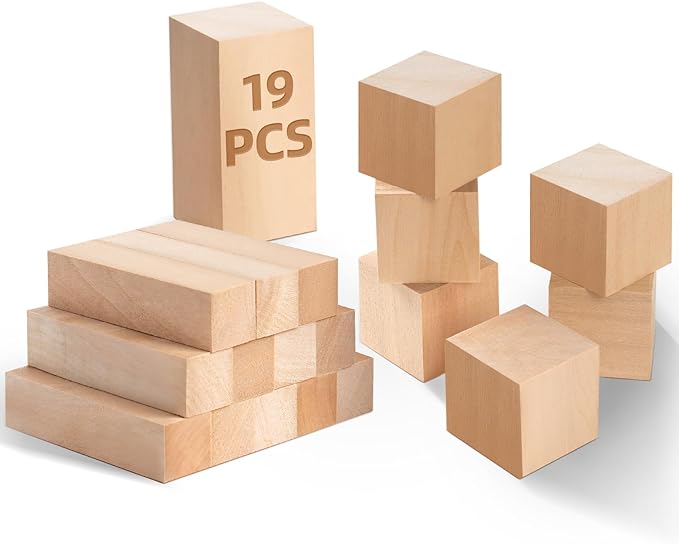 19Pcs Basswood Carving Blocks, Bass Wood with 3 Sizes for Widdle and Whittle Crafts, Soft Whittling Wood Blocks forTeens and Adults Beginners
