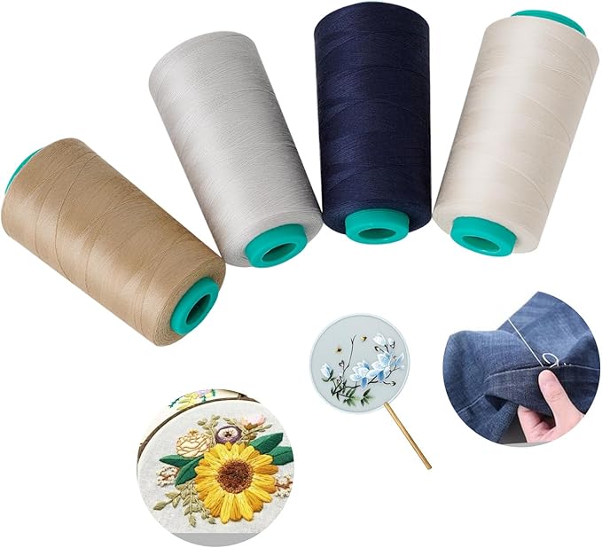 4 Pack of Serger Threads Cones Spools, All-Purpose Sewing Thread Polyester, 4 Cones of 3000 Yards Each Spool,Cone Thread for Sewing Machine,140S/2 (Khaki,Navy Blue,Light Gray,Beige)
