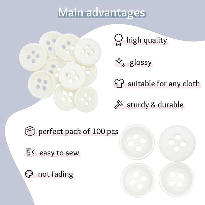 100 Pcs Pearl Buttons for Shirt 4 Hole 0.35 inch White Sewing Buttons 14L Plastic Round 9mm Ideal for Sewing Dress Skirt Blouse School Outfits Aprons Pants Jackets Bags DIY Crafts