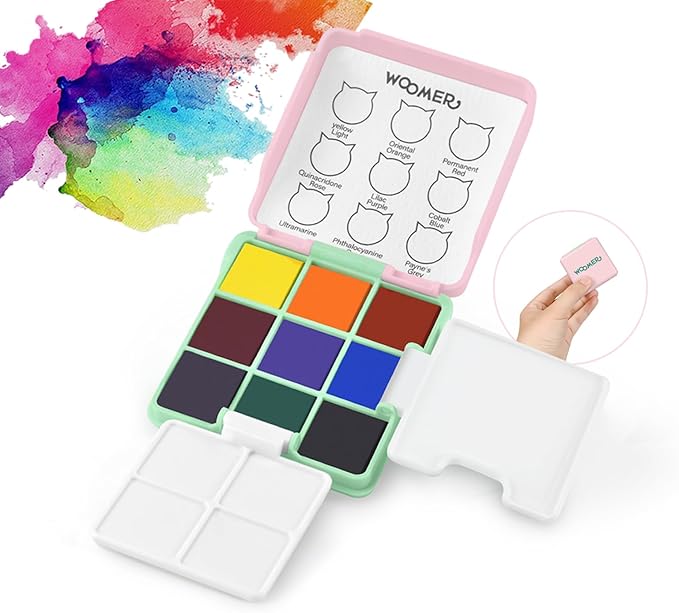 Woomer Watercolor Paint Set, 9 Vivid Colors Travel Watercolor Paint with 2 Foldable Palettes, Wash Cup, Perfect Water Color Set for Beginner Enthusiast Pro Gift