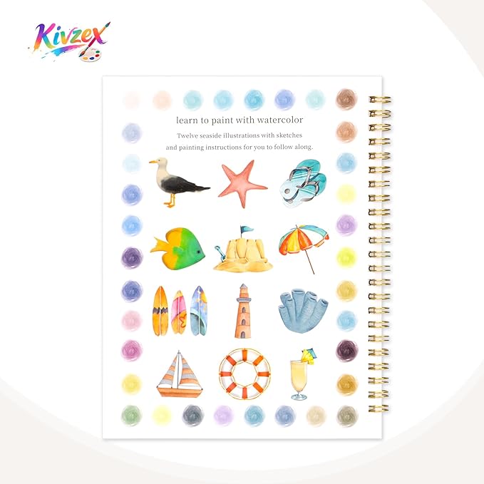 Kivzex Watercolor Workbook for Adults, Beginner Friendly Watercolor Painting Kit Seaside Water Coloring Book, Nature-Themed Practice Art Gift Water Color Paint Book with Palette and Brush