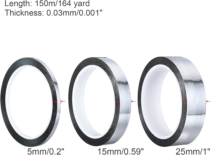 PATIKIL Metalized Tape 0.2/0.6/1 Inch x 55 Yards, 3 Roll Mirror Metallic Masking Foil Sticker Self Adhesive for Detailing Accent Wall Graphic Arts, Silver