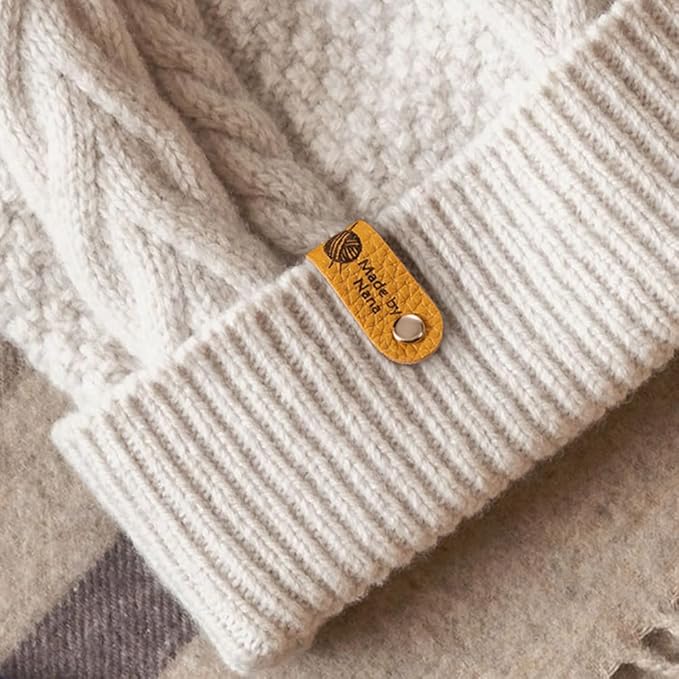 Callie Personalized Leather Tags for Crochet Items, 2.5 x 0.5 inches Custom Labels for Crochet and Knits Projects with Rivets, Suitable for Hats Beanies Scarves & More