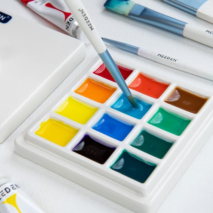 MEEDEN Ceramic Watercolor Palette with Cover, 12-Well White Porcelian Mixing Tray Artist Painting Palette with Lid, Square Painting Tray Palettes for Watercolor Gouache Acrylic Painting, 3¾" x 3¾"