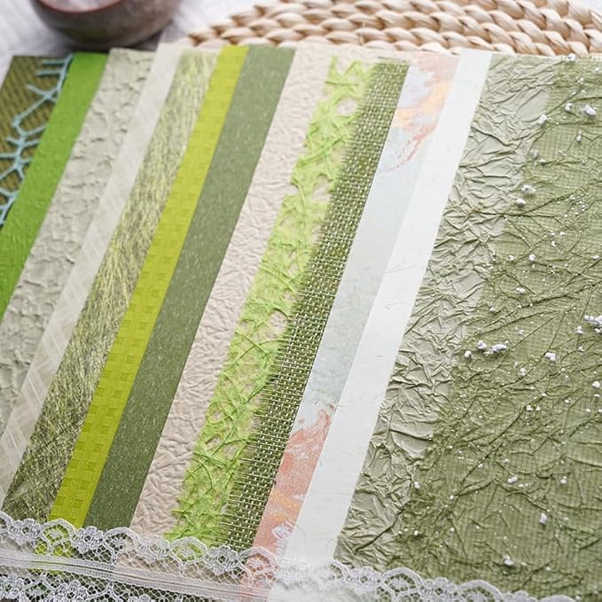 15Pcs Handmade Scrapbook Art Paper Craft Textured Paper Colorful A5 sheet Mesh Special Paper Mix for Scrapbooking Junk Journal Journaling Supplies DIY Materials,5.8x8.2 inches (Green)