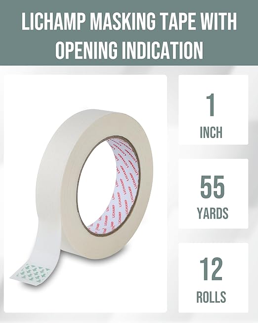 Lichamp Masking Tape for General Purpose Painting, 1 inch x 55 Yards x 12 Rolls (660 Yards Total), with Quick Opening Indications, Beige White