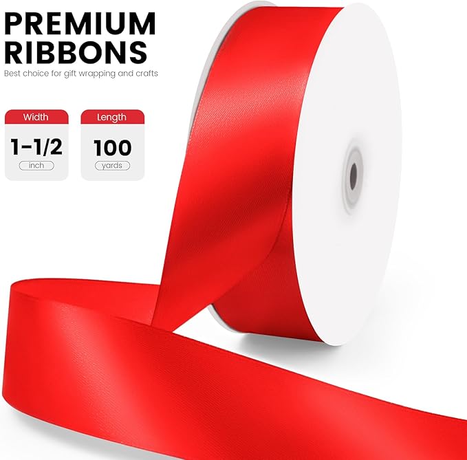 1-1/2" x 100 Yards Satin Ribbon - Wide Silk Red Ribbon with Spool - Ideal for Gift Wrapping, Floral Bouquets, Crafts, Wedding Party Decorations, Christmas and Sewing Projects
