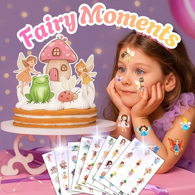 96PCS Fairy Temporary Tattoos Pre-Cut for Kids, Woodland Fairy Theme Birthday Party Favors Supplies, Cute Magical Stickers for Girls, Party Decorations, Classroom Gifts, Prizes and Rewards (Normal)