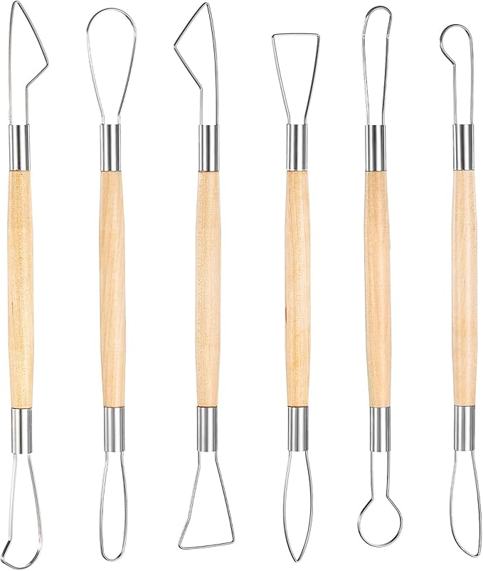 6Pcs Clay Sculpting Tools Ceramic Pottery Clay Ribbon Sculpting Tools Wooden Handle Sculpting Tools Kit Pottery Trimming Detail Tool Wire Loop Sculpture Set for Wax Carving Modeling