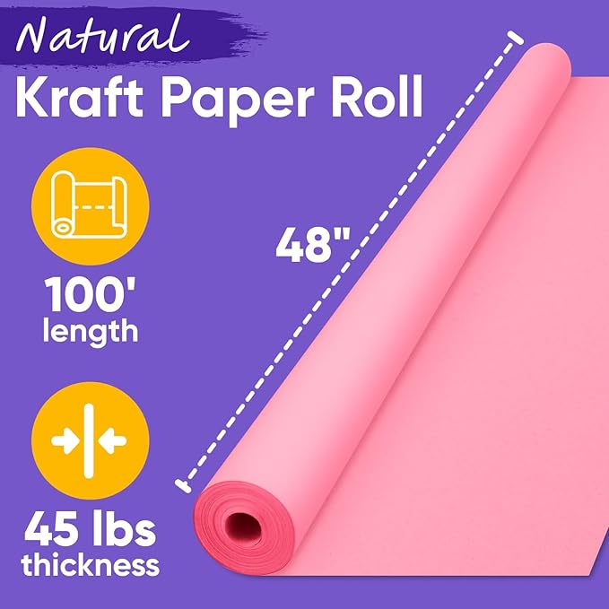 USA Made 48" x 1200" Pink Kraft Paper Roll, 45 lbs Thickness, American Quality Colored Kraft Paper for School, Poster Arts, Bulletin Board - Odorless, Non-Toxic, Safe for Kids