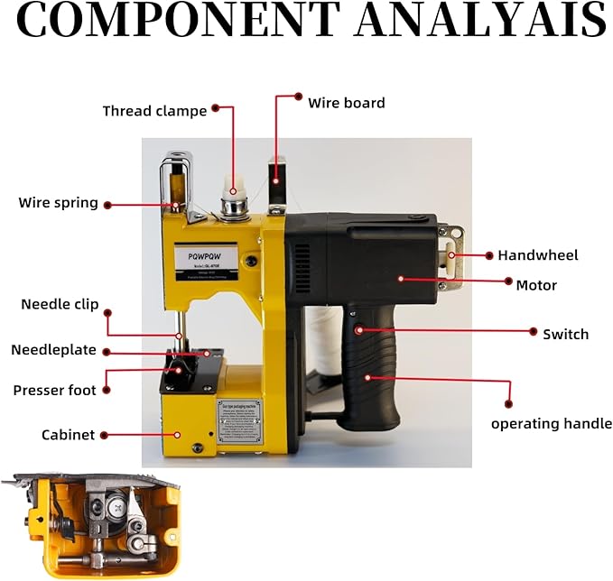 Bag Sewing Machine, 2s/bag Portable Bag Sewing Machine, Industrial Bag Closing Machine for Packing Woven Bags Non-woven Fabrics Leather (Yellow, Corded - 110V)