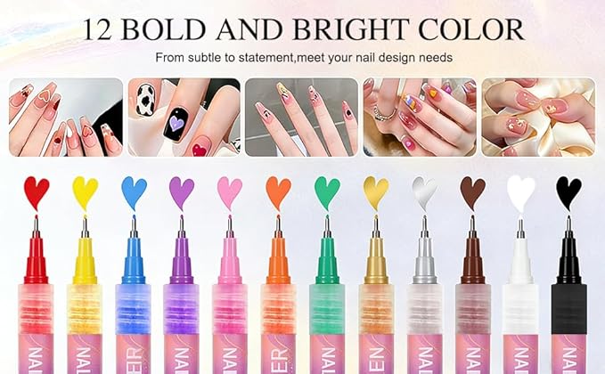 Nail Art 12-Color Marker Set, Fine-Tip Precision Pens for Manicure Design，3D Nail Art, Drawing Painting Liner Brush for Beauty Adorn Manicure Tools