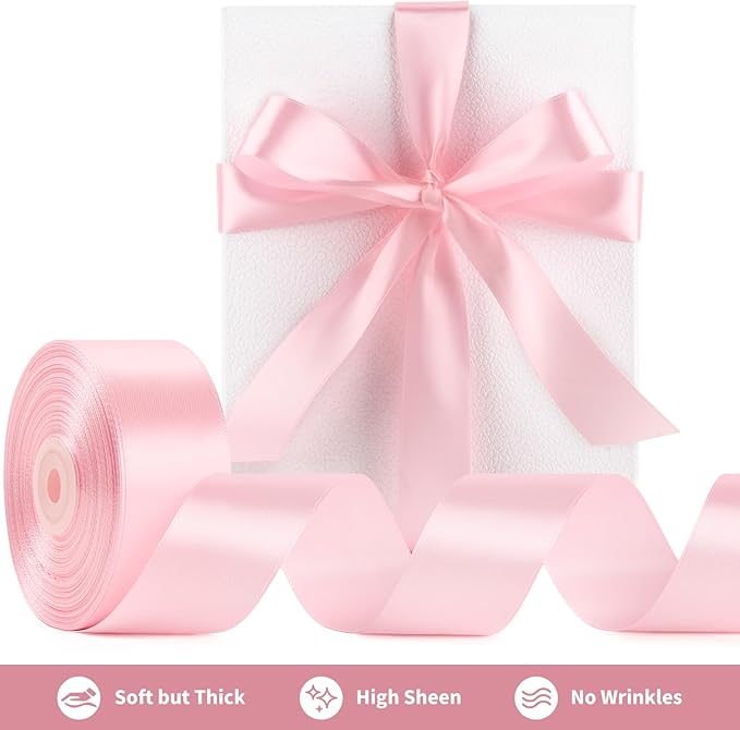 1-1/2 Inch Wide Baby Pink Satin Ribbon, 50 Yards Solid Polyester Fabric Ribbon for Roses Making, Gift Wrapping, Valentine's Day, Wedding Decorations, Crafts, Bows, Flower Bouquets