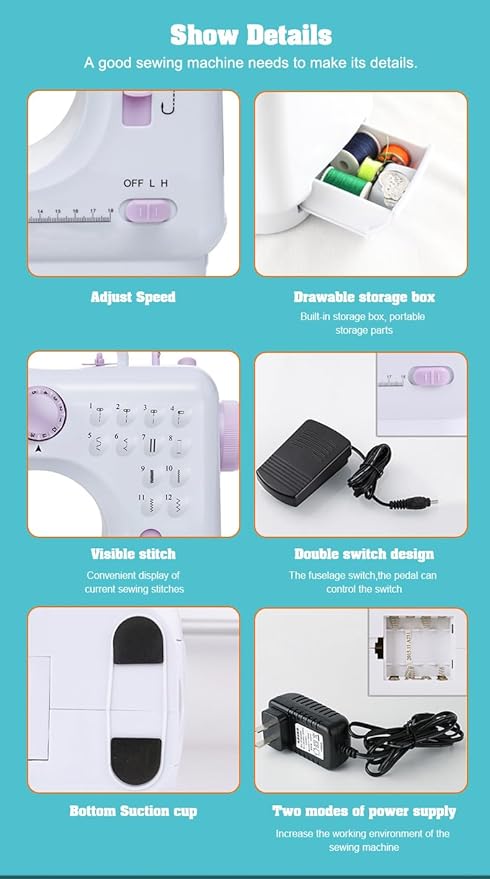 Sewing Machine for Beginners, Portable Mini Sewing Machine with 50 Pcs Fabric and 32 Pcs Sewing Threads Kit, 12 Built-in Stitches 2 Speed with Foot Pedal