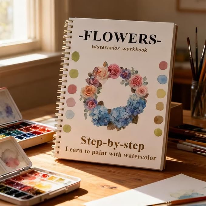 Watercolor Workbooks for Beginners, Water Coloring Book Beginner Friendly Watercolor Paint Set Art Crafts Painting Kit Gift for Adults, Any Level Artist (Flowers A, Without Paint Set)