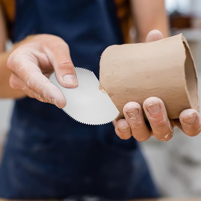 YOKIVE 2Pcs Steel Pottery Tools, Serrated Scraper Clay Ribs 3.94" x 2" Stainless Steel Sculpture Modeling Cutter Ceramic Tools with 2 Gray Chamois Cloth