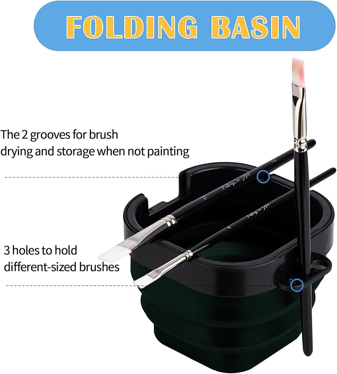 Falling in Art 16 Wells Paint Palette, Airtight Palette Storage Box with Lid and Folding Paint Brush Basin for Watercolor, Gouache and Acrylic Painting, Dark Green
