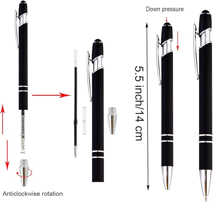 PASISIBICK 12-Piece Black Ballpoint Pen with Stylus Tip, 2 in 1 Stylish Metal Touch Screen Pen - Black Ink, 1.0 mm Medium Point - 5.5 x 0.4 inch / 14 x 1 cm