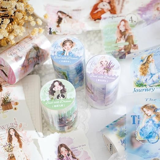 Alideco 6pcs Decorative Adhesive Tapes Vintage Literary Girl PET Tape Great for Bullet Journal Supplies, Arts, Scrapbook, DIY Crafts, Planners (pintielangman)