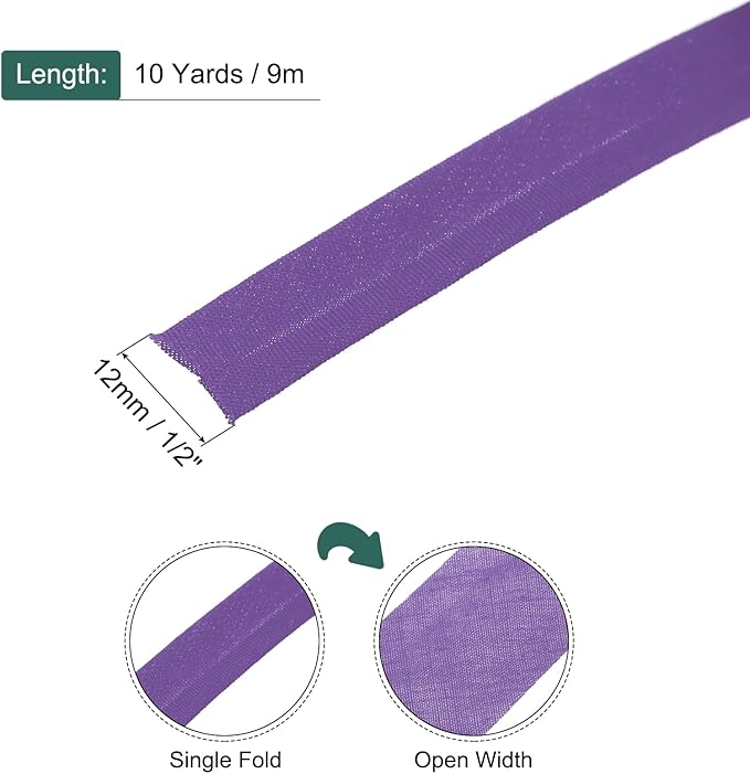 MECCANIXITY 1/2 Inch Single Fold Bias Tape Polyester Continuous Bulk Bias Tape for Sewing,Seaming Quilting Hemming Binding Crafts (Purple 10 Yards)