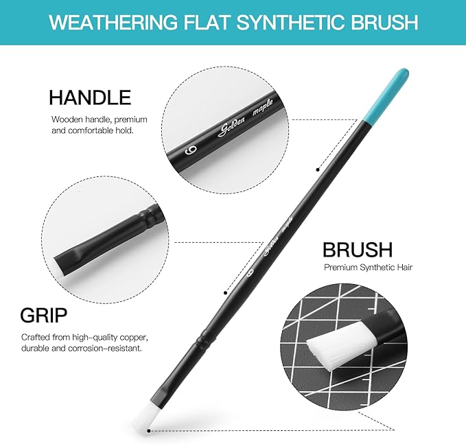 Weathering Paint Brushes-Golden Maple 3pcs Flat Paint Brushes Set for Weathering Effects, Textures, Washing and Dry Brushing on Miniature Painting