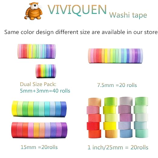 VIVIQUEN Washi Tape Set, 20 Rolls Colored Masking Tape, 15mm Rainbow Pastel Writable Colorful Washi Tapes for Painting, DIY Scrapbook Designs