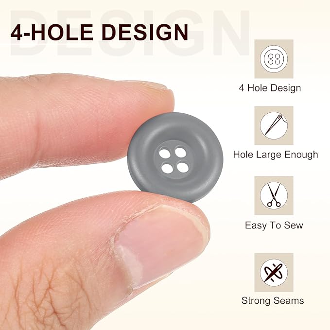 HARFINGTON 50pcs Sewing Button 15mm (5/8 Inch) 4 Holes Resin Thickened Round Crafting Replacement Buttons for Clothing DIY Crafts Decoration, Gray