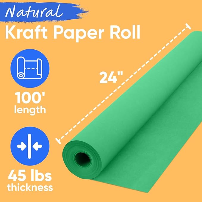 USA Made 24" x 1200" Christmas Green Kraft Paper Roll, 45 lbs Thickness, American Quality Colored Craft Paper Roll for Bulletin Board, School Projects - Non-Toxic, Odorless, Safe for Kids