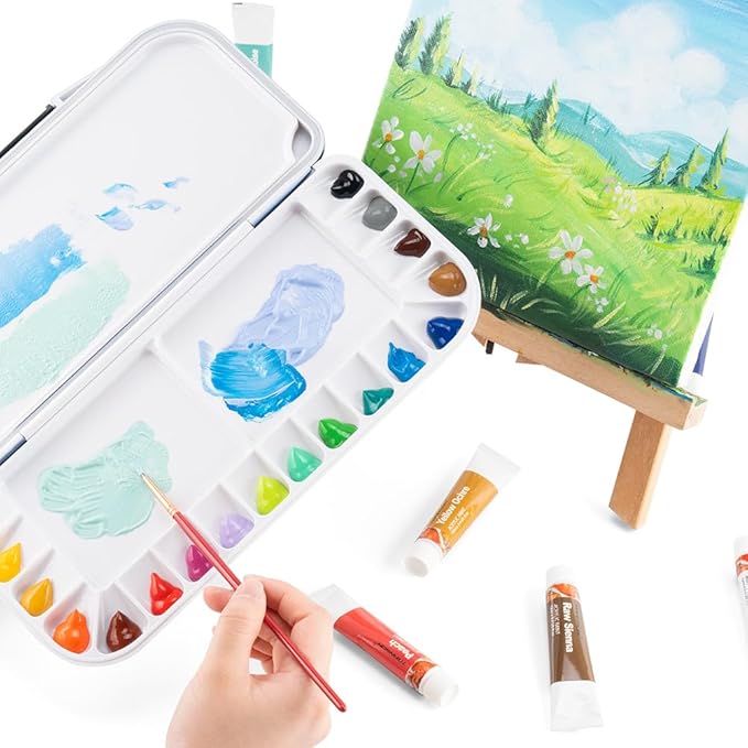 Transon Watercolor Palette Folding with Lid 18wells 2 Mixing Areas and 1 Large Mixing Tray Also for Gouache Acrylic Paint Palette Yellow Color