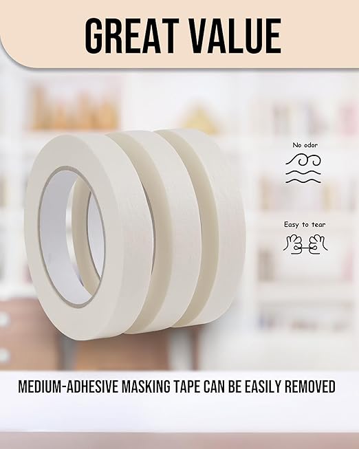 Lichamp Masking Tape 3/4 inch, 3 Pack General Purpose Masking Tape Beige, White Tapes for Painting, Arts, Crafts, 3/4 inch x 55 Yards x 3 Rolls (165 Total Yards)