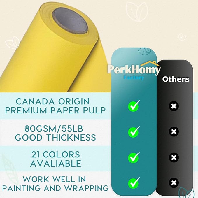 PerkHomy 48" x 1,440" (120') Lemon Yellow Kraft Paper Roll for Craft Bulletin Board Paper Art Table Covering Crafting Gift Wrapping Bouquet Packing Parcel 80GSM 55LB (Lemon Yellow, 48" x 120')