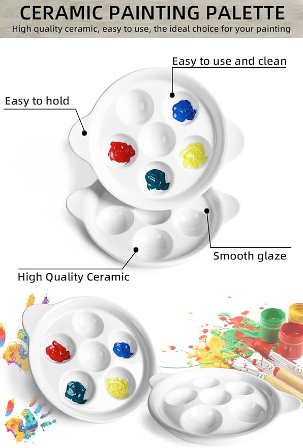 Ceramic Artist Paint Palette, 6.5 Inch Watercolor Palette with 6 Small Holes and Handles, Mixing Tray for Gouache Painting, Tempera Painting, Easy to Clean White, 2 Pack