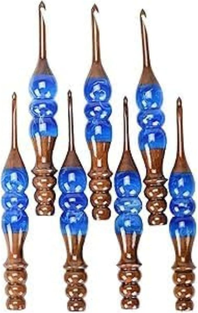 Wooden Crochet Hooks Set for Arthritic Hands | Ergonomic Soft Grip - Resin Mix Indian Rosewood Crochet Hook Set for Crocheting & Knitting (Blue, Set of 13)