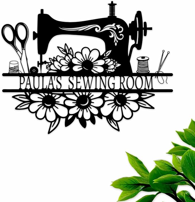 Custom Sewing Machine Sign, Personalized Name Sewing Room Decor with Quilting Supplies Pattern, Customized Mother's Day Quilting Gifts for Quilters Women Mom Grandma Wife Sewing Lover